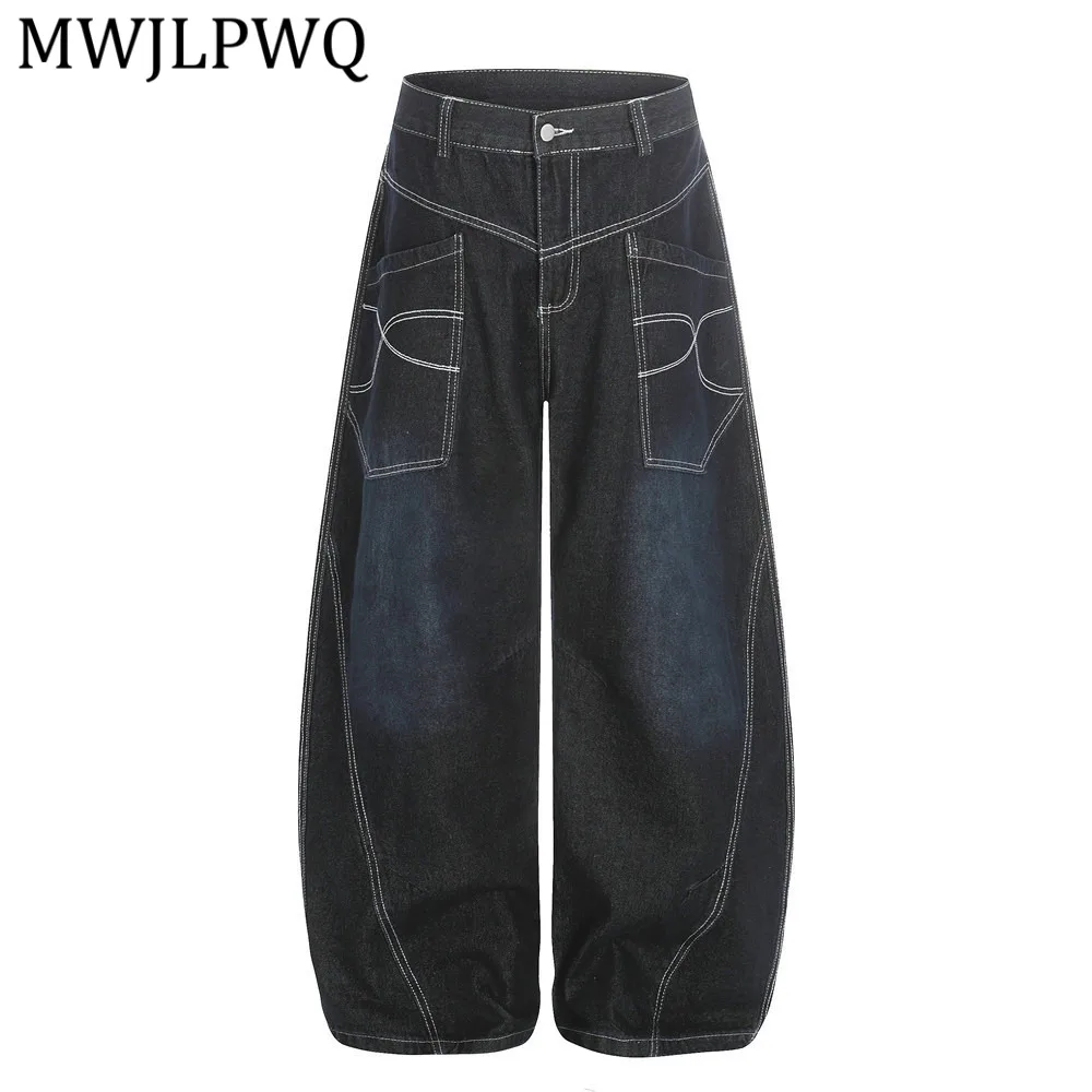 

MWJLPWQ American Retro Curved Jeans For Men Loose Fit Trendy Stitching Design Workwear Street Style Wide-Leg Trousers 13729