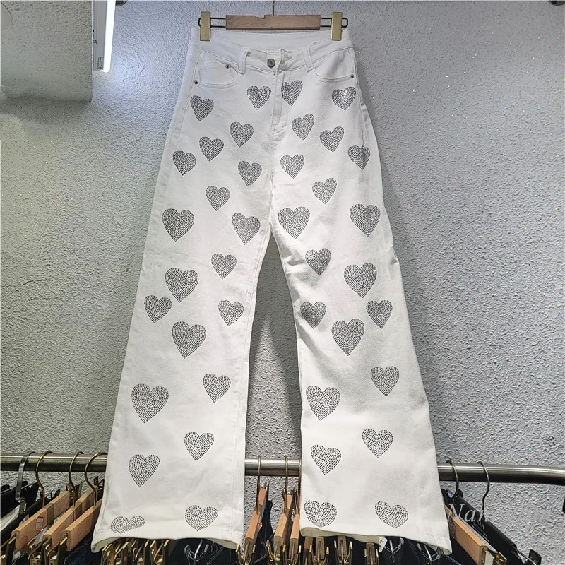 White Jeans Women's 2024 Spring and Autumn New European Fashion Heavy Industry Hot Diamond Heart Elastic Wide Denim Pants