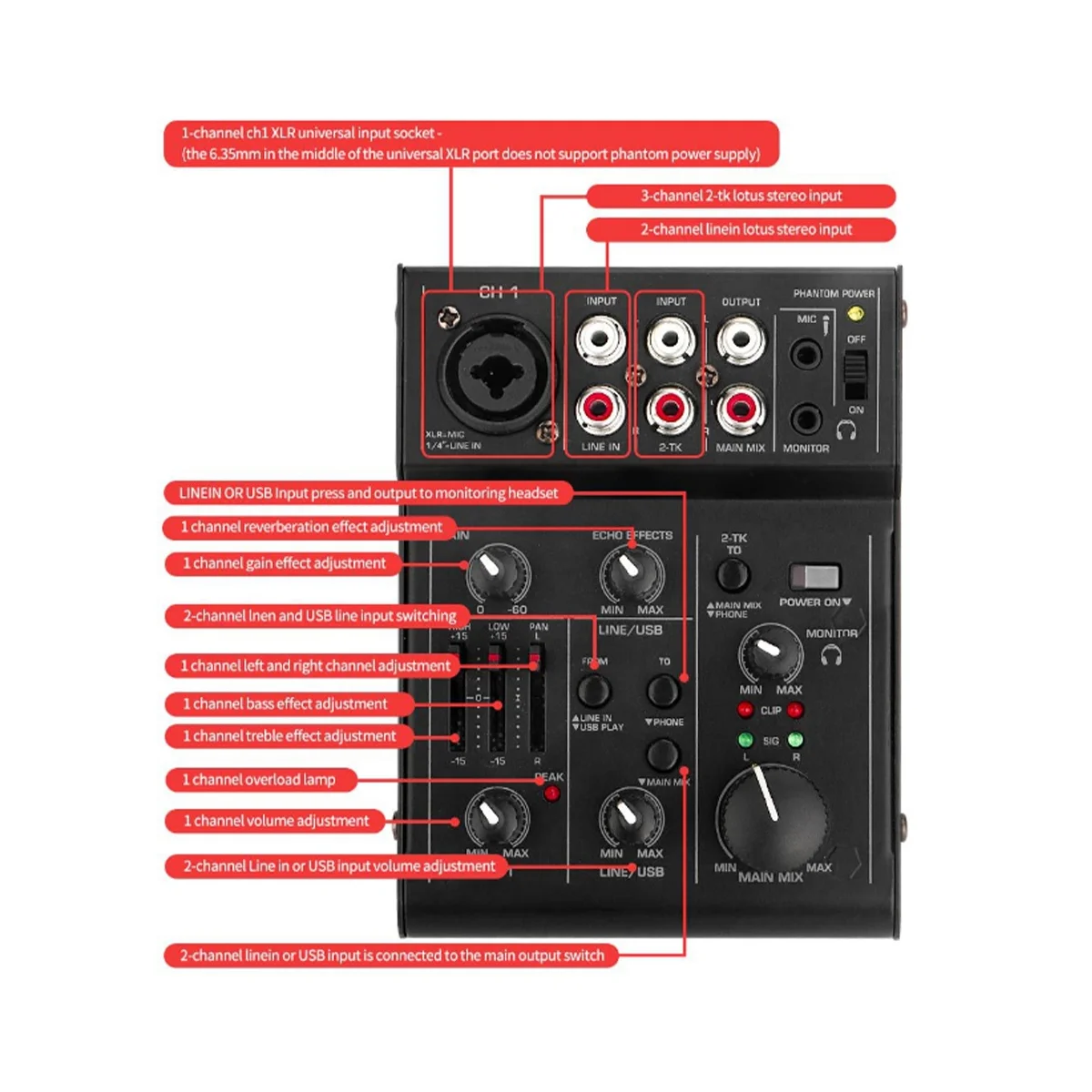 ABEP-Audio Mixer Sound Mixing Console USB Audio Interface Ingebouwd effect Mini Professionele Mixer Geluidskaart