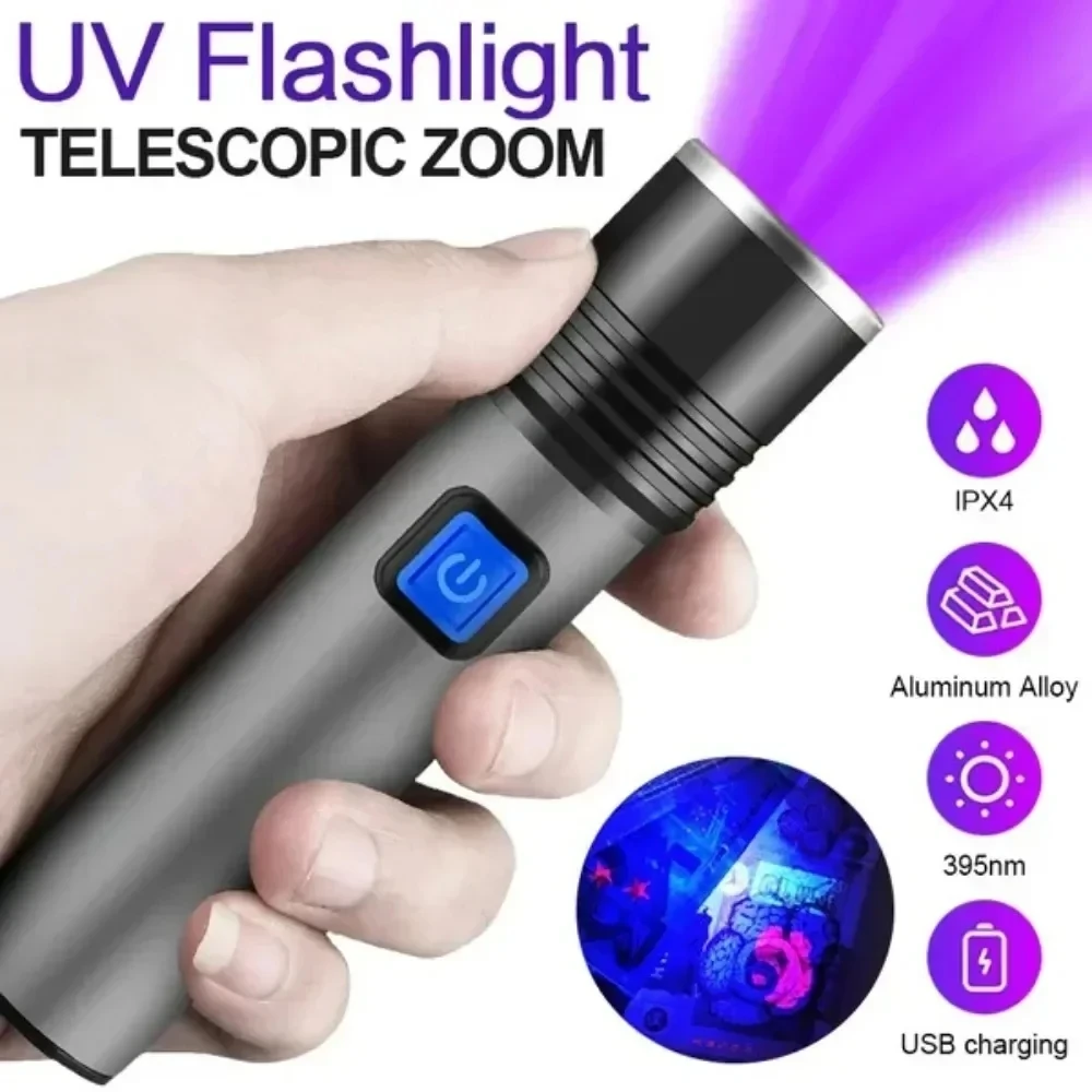 UV Flashlight Blacklight Zoomable Torch Lamps USB Charging Ultraviolet Flashlights Pet Urine Detector Hunting UV Light