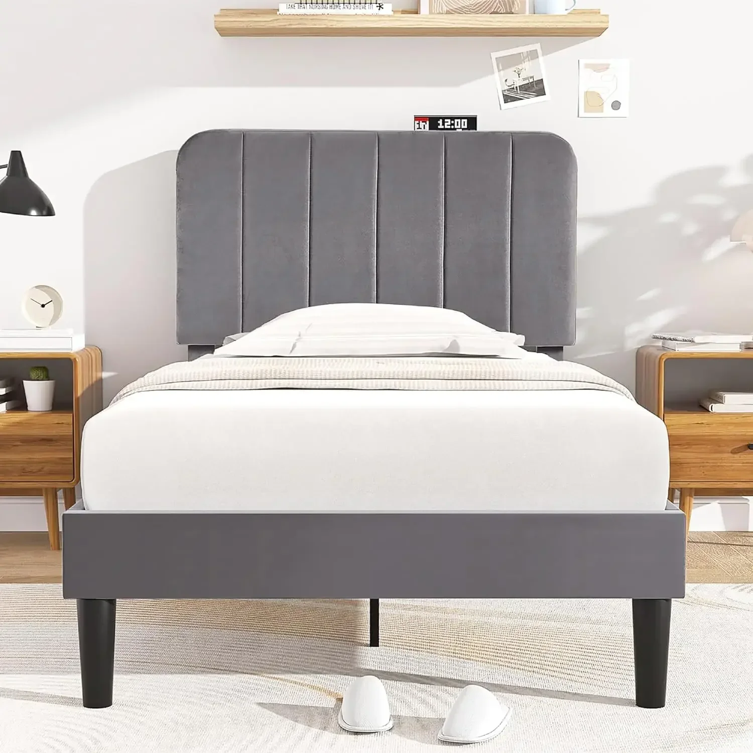

y Twin Size Upholstered Bed Frame with Adjustable Headboard Velvet Platform Bedframe Mattress Foundation Strong Wood Slat Suppor