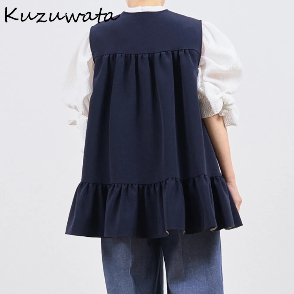 Kuzuwata Lovely Fungus Sleeveless O Neck Vest Single Breasted Sweet Ruched Temperament Tops Japan All-match Patchwork Casual Top