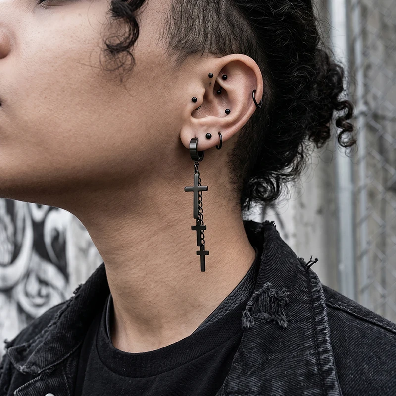 A Pair of Trendy & Personalized Titanium Steel Chain Tassel Cross Pendant Earrings & Ear Clips for Pierced and Non-Pierced Ears
