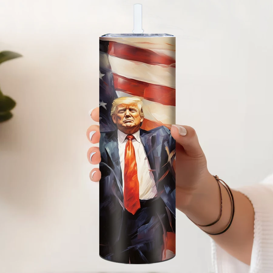 20oz Stainless Steel Straight Tumblers With Straw Lid 3D Print Fighting Trump USA Seamless Inflated Outdoor Travel Tumblers