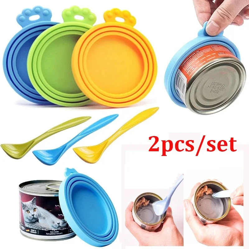 2 unids/set reutilizable comida para mascotas puede cubrir y cuchara portátil para perros y gatos almacenamiento tapa de lata cubierta de sellado suministros para mascotas salud tapas para mascotas lata