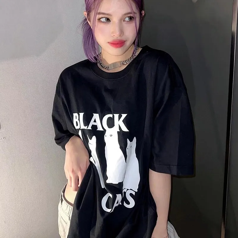 Karr233-T-shirt à Manches Courtes pour Femme, Streetwear Japonais, Mode Coréenne, Imprimé Chat, Grunge, Respiré, Kpop, Kawaii, Chic