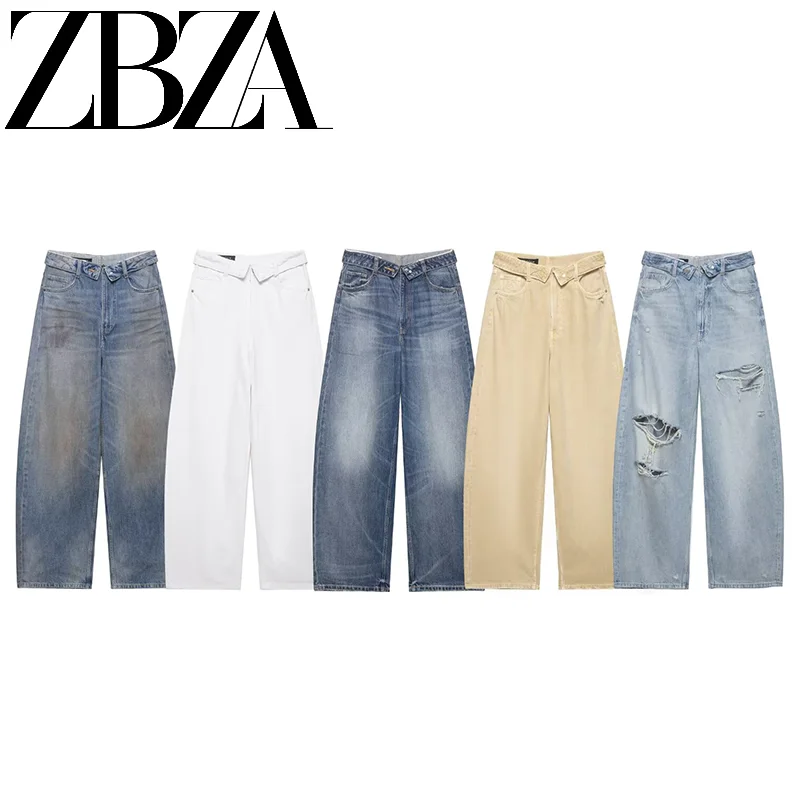 Fashionable Cuffed Denim Jeans Mid-Waist Spring New Style Women's Casual Pants Wide Leg Pants Natural Waist Polyester Fiber