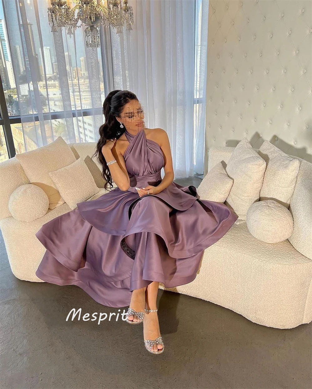 Mesprit Classic Halter Formal Evening A-line Tiered Ankle-Length Satin Bespoke Occasion Dresses Prom Dresses