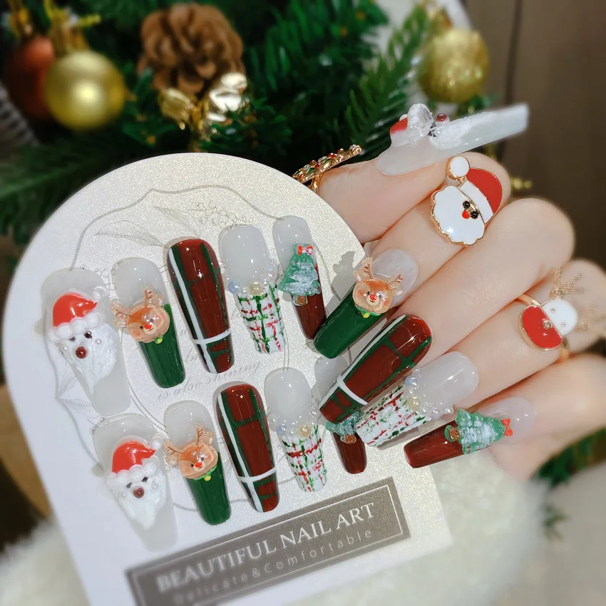 New Christmas Press on Nails Long Ballet Handmade Wearable False Nails Hand-paint Santa Claus Green French Fake Nail Patch