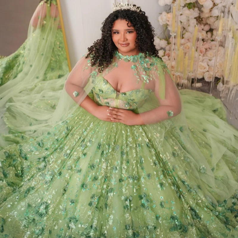 

Green Quinceanera Dress off-shoulder Crystal Glitter 3D Flower Decal Lace Long tail Bow vestidos de 15 Quinceanera ﻿Customize