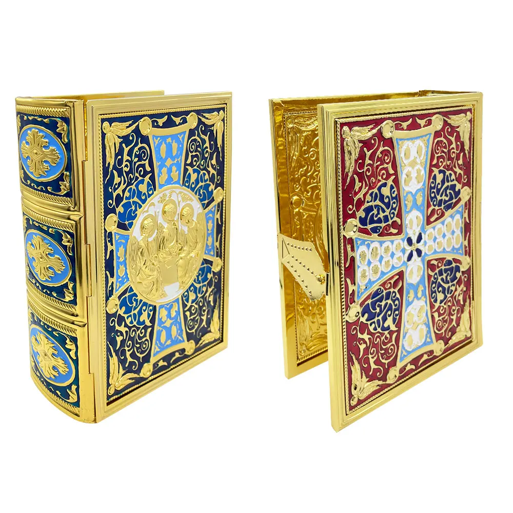 New Orthodox Gospel Book Cover Gold Plated Metal Holy Trinity Enamel Cross Embossed Red Blue Religious Church Gift Byzantine