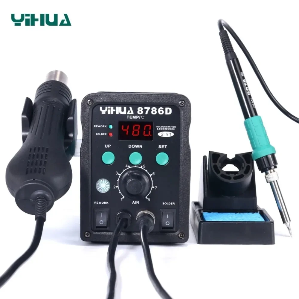 YIHUA 8786D 110V 220V Hot Air Soldering Station Soldering Iron Station Double Panel Circuit LED Rework Station