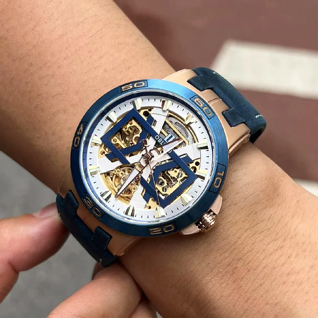 مستطيل الرياضة الهيكل العظمي مضيئة العسكرية التلقائي ساعة ميكانيكية للرجال الصلب حزام من الجلد الياقوت مقاوم للماء UM