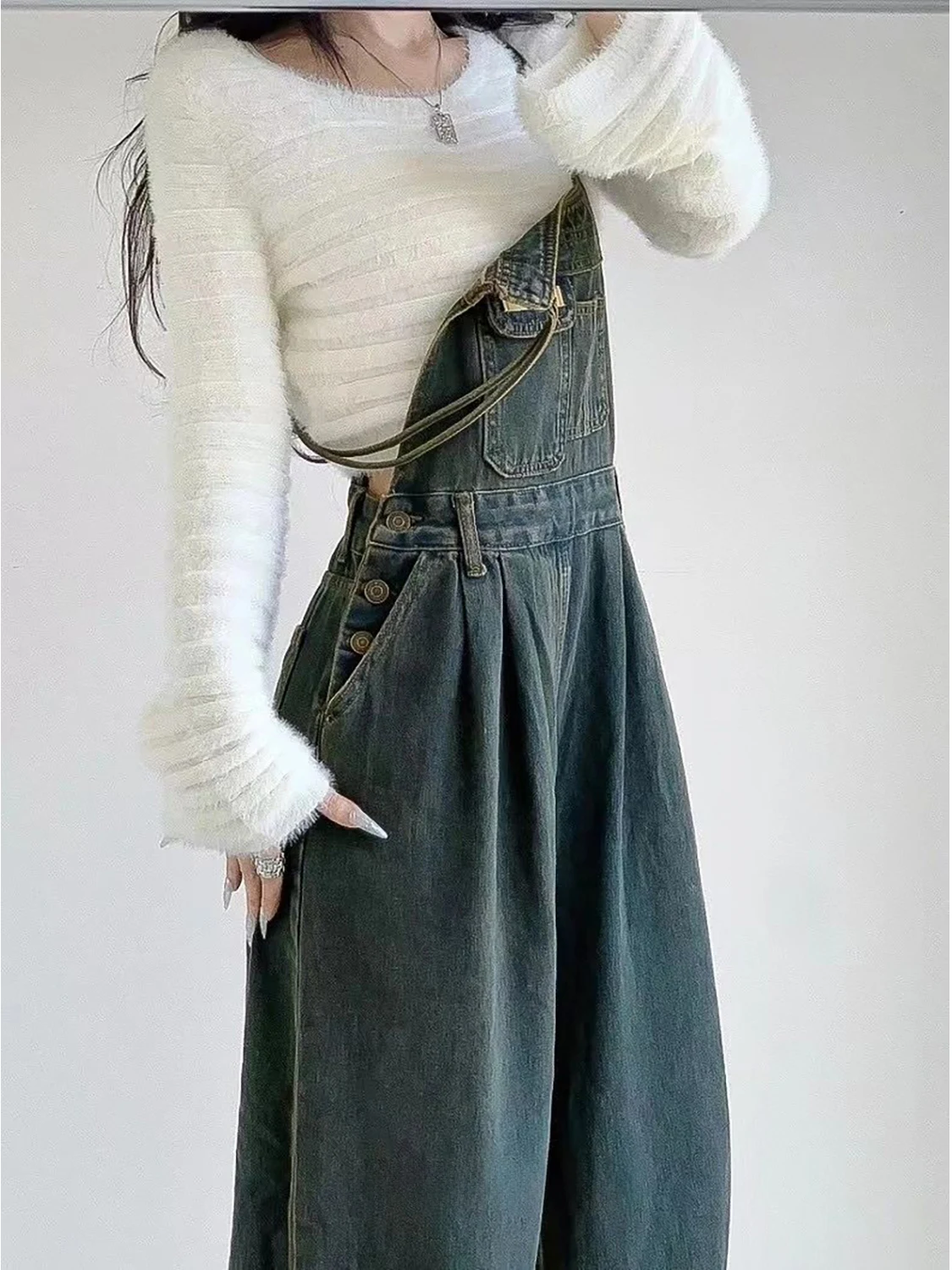 American Retro Denim Overalls Women's Autumn Winter Loose Slim Wide Leg Pants Lazy Style Loose Straight One-Piece Suit