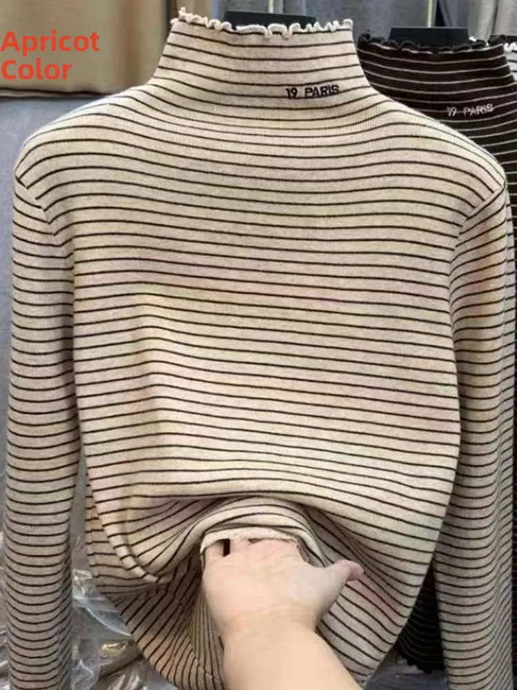 Thiened dupla face de lã longa sve camiseta feminina base irt f-gola alta forrado outono inverno faionable