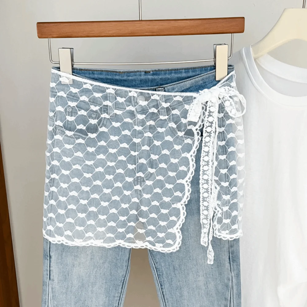 Trendy Jeans Decor Lace Fart Curtain Slim Fit Y2K Hip Curtain Pretty Versatile Women's Scarf for Women