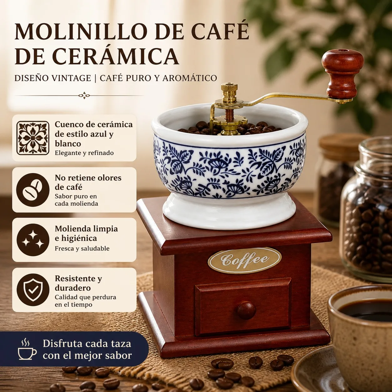 Ręczny młynek do kawy w stylu vintage z mechanizmem ceramicznym i drewnianą podstawą, regulowany młynek do ziaren kawy z szufladą do przechowywania, klasyczny niebiesko-biały design, 12x12x21cm