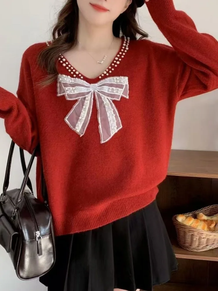 

V-neck Luxury Bow Embroidery Loose Sweater Sweet Lovely Women Winter Jumper Pullover Red Blue Vintage Tops Niche Clothes Casual