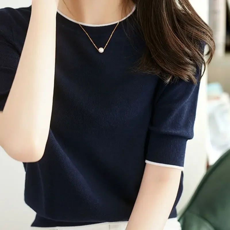 Women Spring Summer Thin Knitted Sweater Solid Casual O-Neck Basic Loose Soft Tops Harajuku Half Sleeve Navy Blue T Shirts