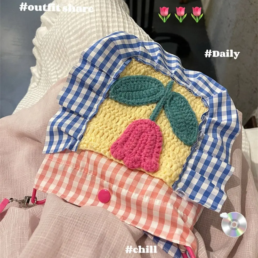Cute Color Beads Hand Knitted Bag Flower Handmade Women's Crochet Bag Tulip Plaid Single Shoulder Bag Handbag