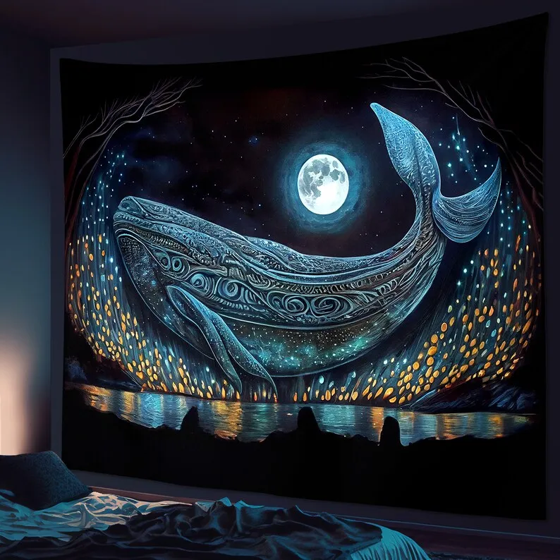 Moonlit Whale Tapestry Wall Art Celestial Ocean Animal Decor for Bedroom Living Room Cosmic Dreamy Night Sky Wall Hanging