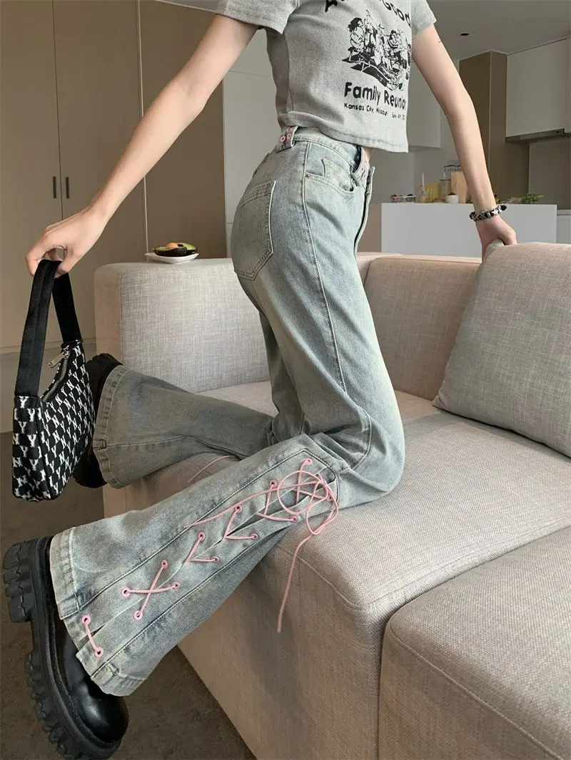 Flare Denim Pants Bandage High Waist Jeans Women Vintage Bandage Slit Slim Female Korean Streetwear Casual Wide Leg Trousers Y2K