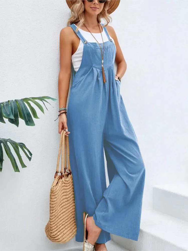 

New Solid Color Retro Cotton Hemp Suspender Jumpsuit For Women'S Summer Casual Pocket Slim Female Wide Leg Pants 2025