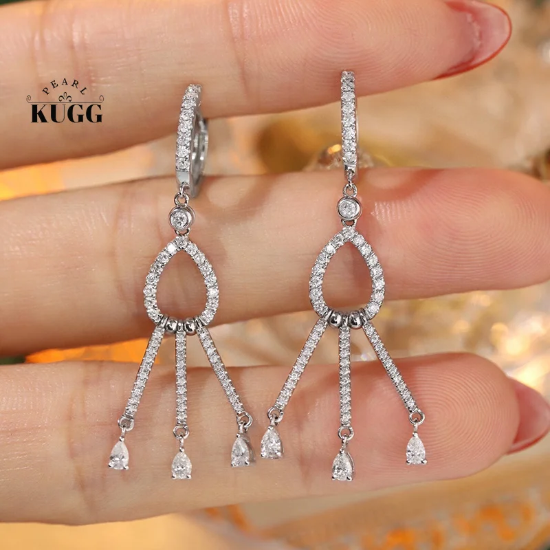 KUGG 100% 18K White Gold Earrings Luxury Shiny Design 0.90carat Real Natural Diamond Drop Earrings for Women High Party Jewelry