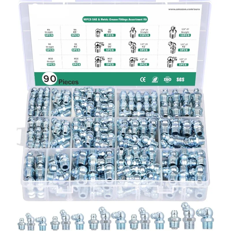Metric & Imperial Zerk Fittings 240PCS Blue Zinc Plated Grease Nipple Kit with Wrench