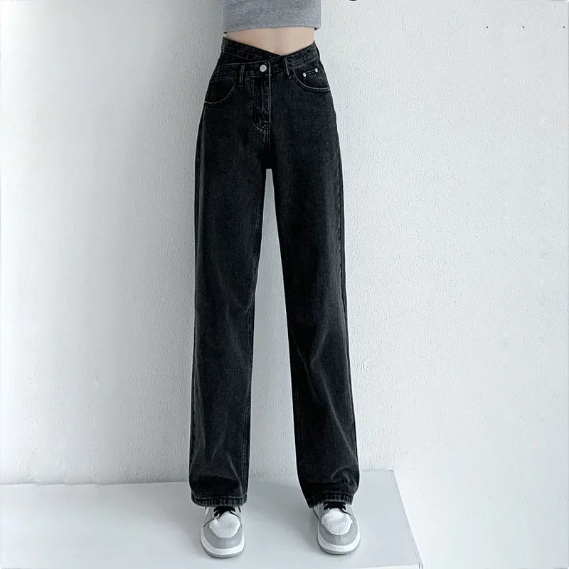 

Jeans Women 2022 Fashion Irregular Cross Waist Wide Leg Pants Mom Femme Black Blue Jeans High Waist Woman Trousers Y2k