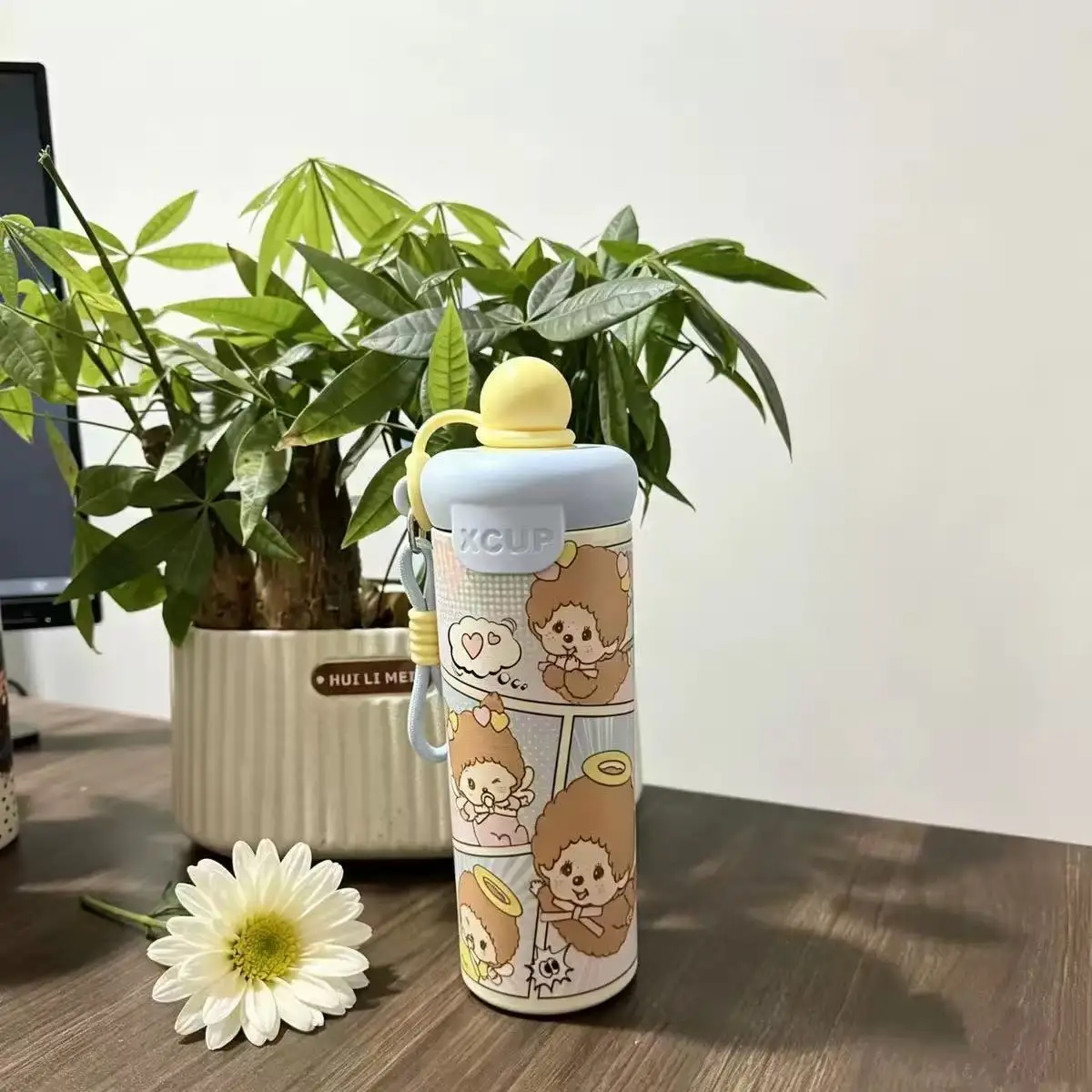 600ml 뉴 치치 여행용 컵 휴대용 손잡이 빨대컵 귀여운 만화 캐릭터 이중 보온병 물병