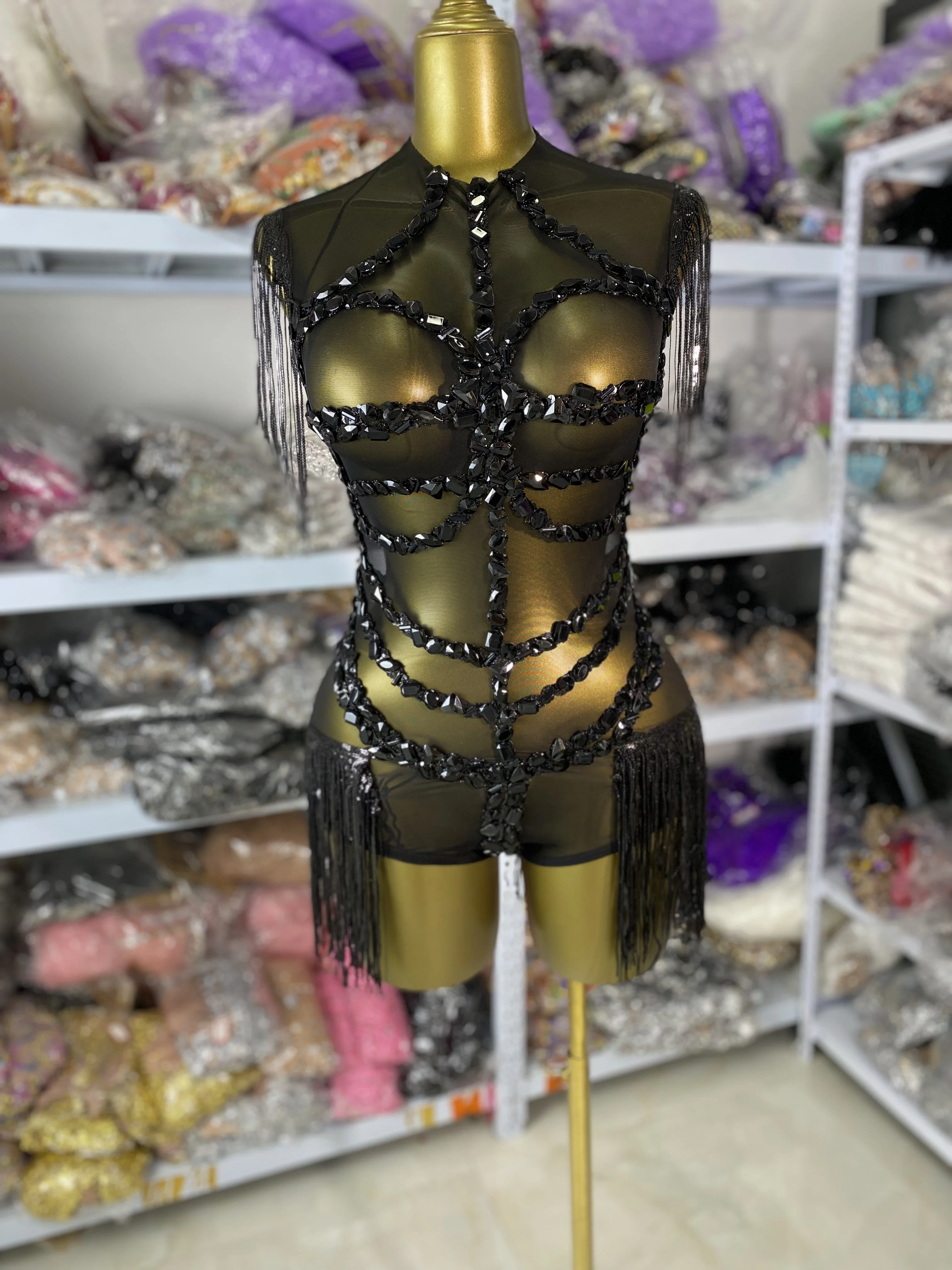 Wanita Seksi Hitam Berlian Imitasi Rumbai Jala Tipis Melihat Melalui Pakaian Bermain Penyanyi Penari Pertunjukan Kostum Panggung Merayakan Pesta Klub Malam