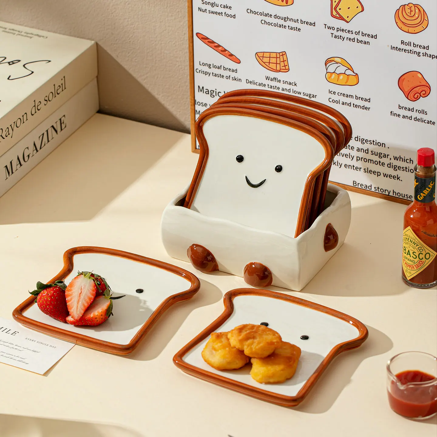 Cute Smile Toast Shaped Ceramic Plate Set, Breakfast Serving Plate for Bread Fruit Snack, 2Pcs/4Pcs Optional