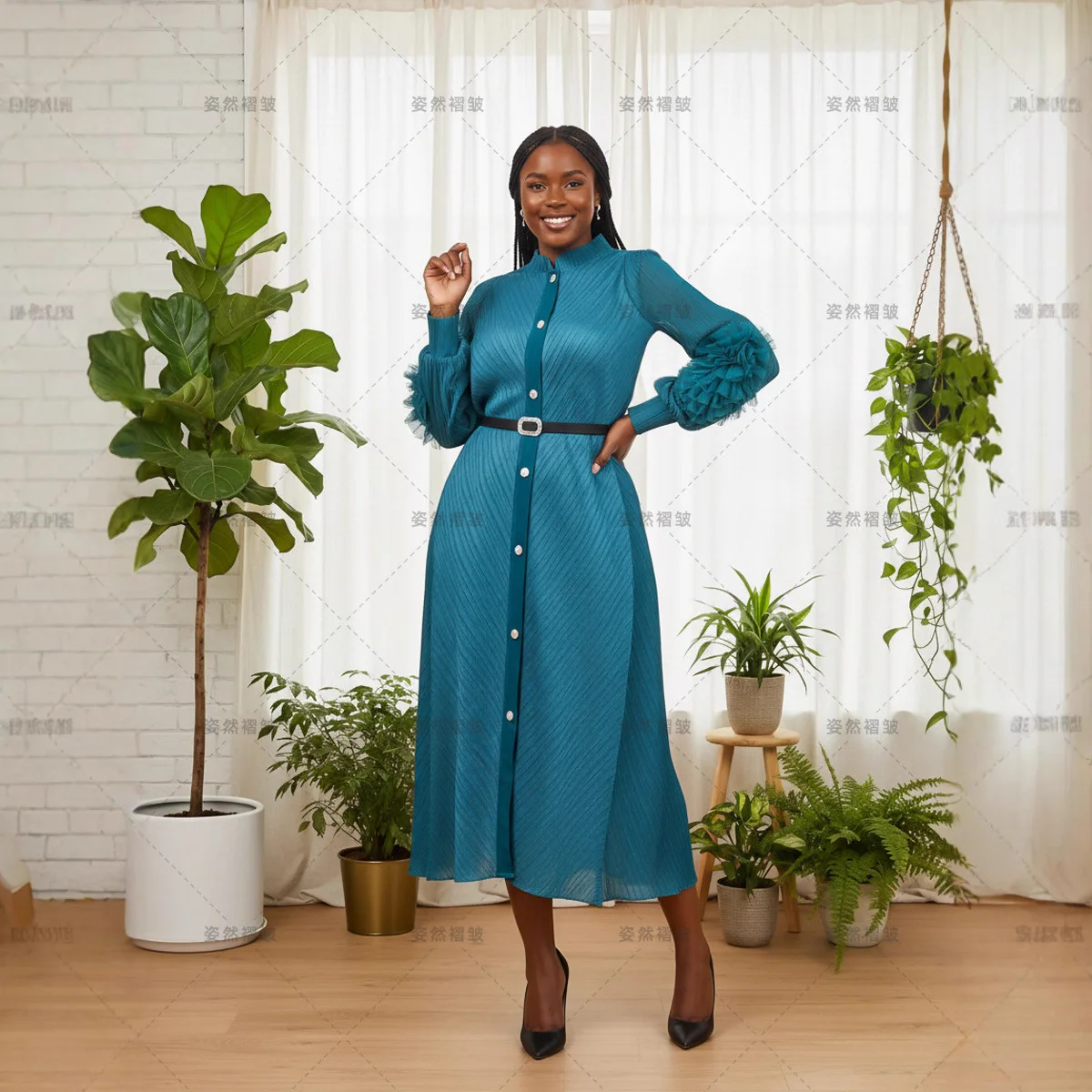 2025 African Temperament Women's Dress Miyake Pleated Hand-cranked Flower Shirt Straight Long-sleeved Skirt High-end Dress