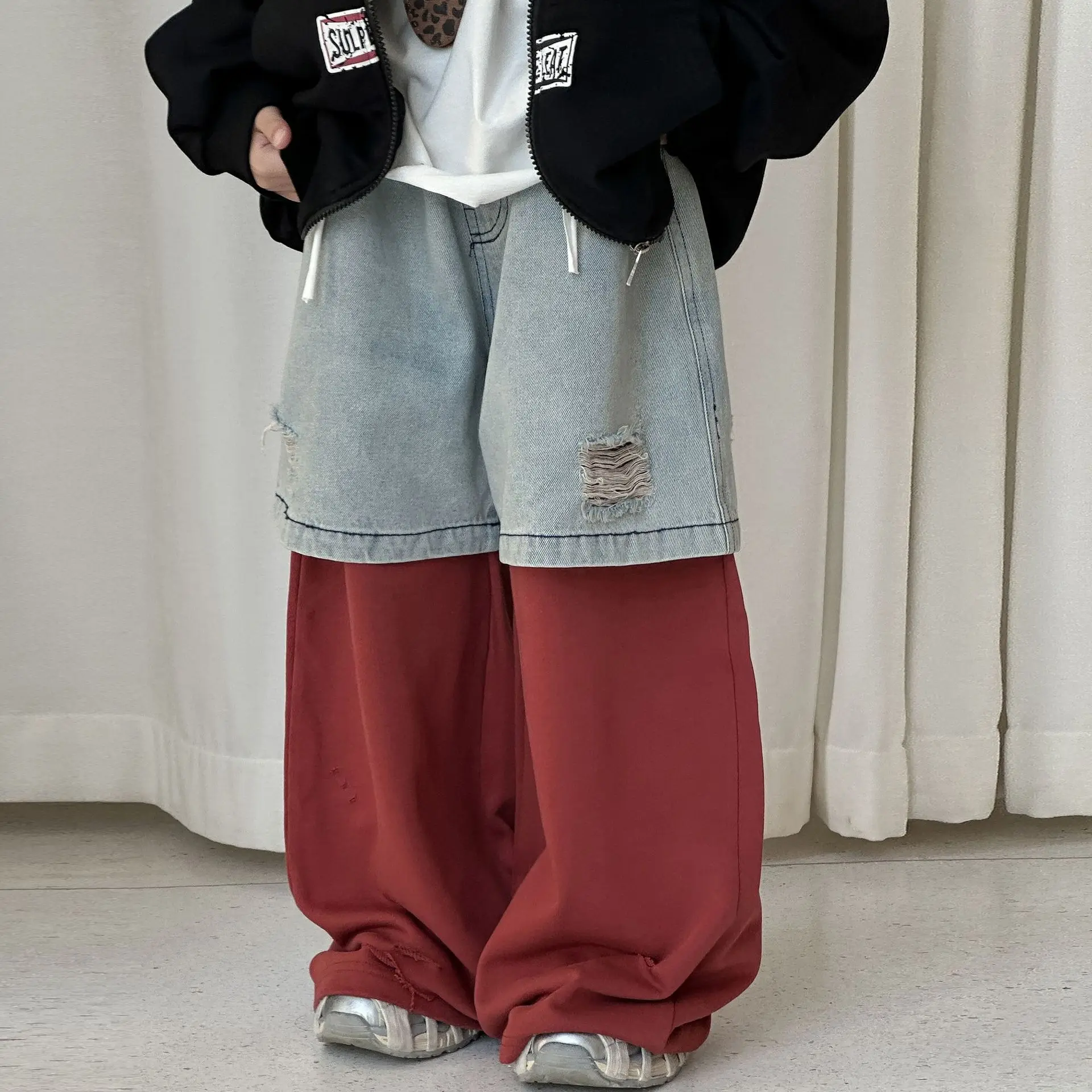 

Korean Autumn Kids Boys Denim Pants Spliced Contrast Fashionable Children Boys Straight Pant Versatile Hole Little Boys Trousers
