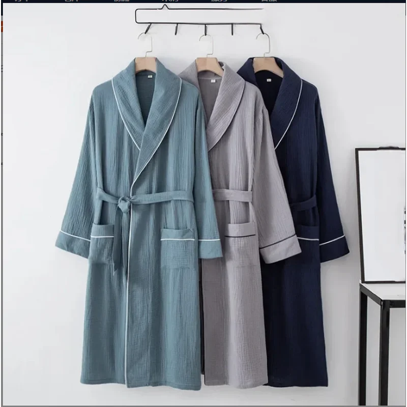

Cotton Hotel Couple Nightgown Long Sleeve Cardigan Over Knee Plus Size Home Nightdress Men's and Women's Bathrobe with Belt