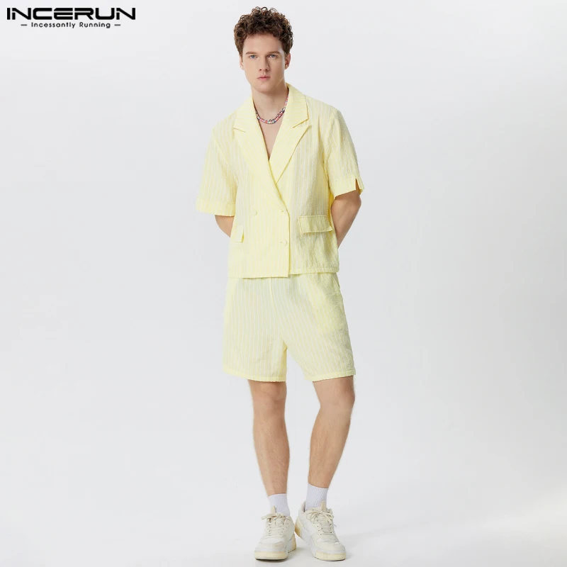 INCERUN Men Sets Solid Color Lapel Short Sleeve Blazer & Shorts Two Pieces Sets Summer Streetwear 2024 Fashion Men Casual Suits