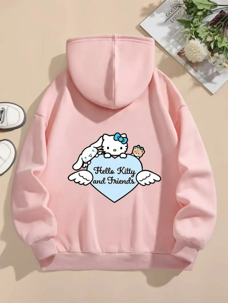 Moletom com capuz estampado Sanrio Picture Hello Kitty com cordão para outono e inverno de algodão quente, confortável e elegante