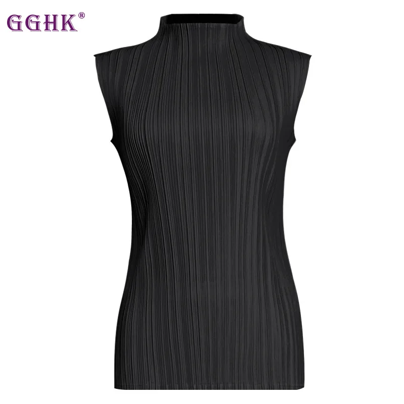 GGHK 2024 Summer New Thin Sleeveless High Neck Bottom Shirt Fashion Women Basic Hundred Tops Female Classic Solid Color Tank Top