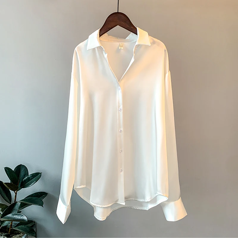 

Loose Long Sve Silk Satin White irt Women's Spring Autumn Brand Button Stand Collar Dra Top Korean Sle Commute