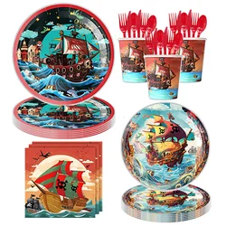 Pirate Theme Disposable Tableware Paper Plates Cups Napkins Kids Pirate Treasure Hunt Theme Party Decoration Supplies Gifts