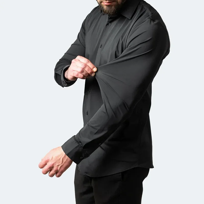 Plus Size High Elasticity Seamless Spandex Shirt Men Long Sleeve Slim Fit Casual Solid Color Social Formal Dress Shirts 50-110KG