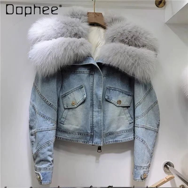 

Big Fur Collar Denim Jacket 2024 Winter Duck Down Down Liner Warm Long Sleeve Rabbit Fur Short Fur Coat Jean Jacket for Women