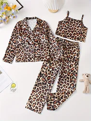 3-Piece Girls Leopard Print Satin Pajama Set - Soft, Comfortable Loungewear with Button Up Lapel Collar Blouse, Cami Top, Pants