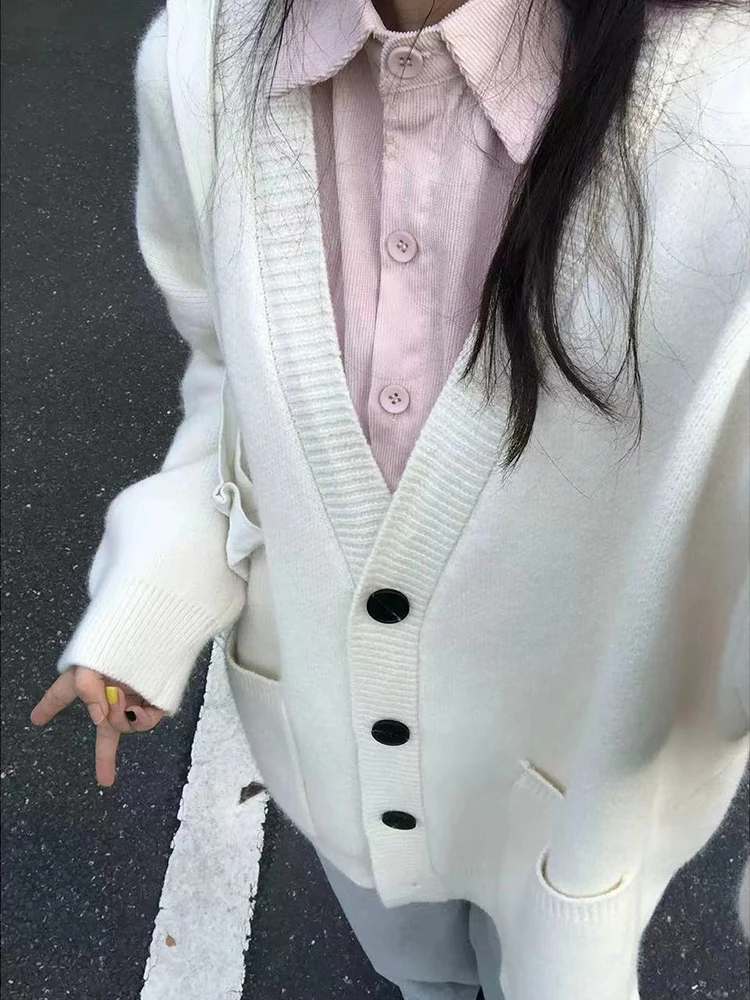 Autumn Vintage Knitted Women Cardigan Harajuku V-Neck Long Sleeve Buttons Sweaters Female Sweet Preppy Warm All-Match Knit Coat