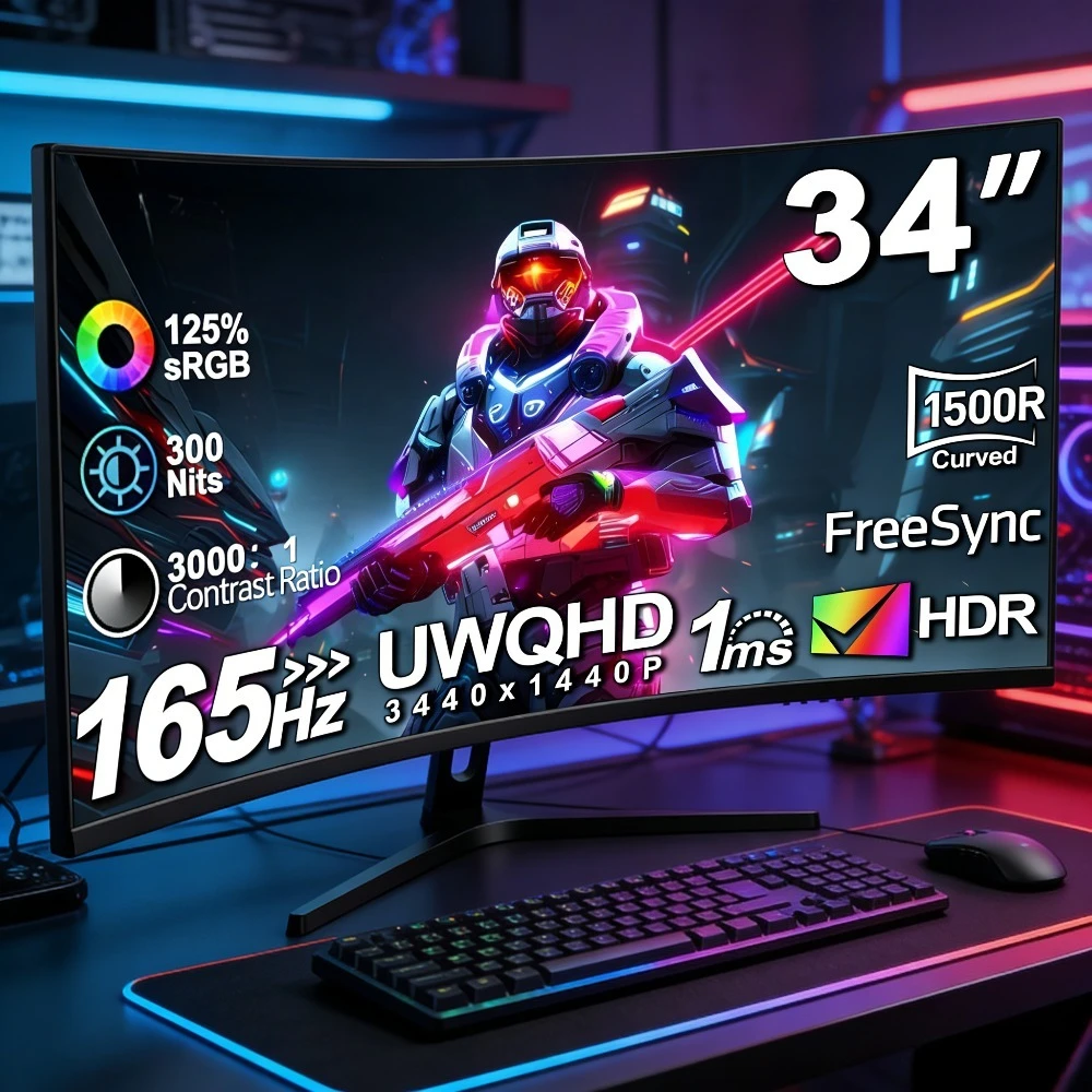 34 Inch Curved Gaming Monitor UWQHD 3440x1440 165Hz 1500R HDR FreeSync 1ms