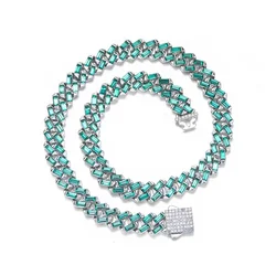 Hip Hip T-shape Green Zircon Rhinestones Miami Cuban Link Chain Choker Necklace 13mm Iced Out Gold Silver Color Jewelry 14inch