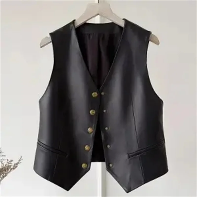 New Spring Woman Faux Leather Vests Female Single Button Motorcycle Biker Pu Jackets Ladies All Match PU Waistcoat