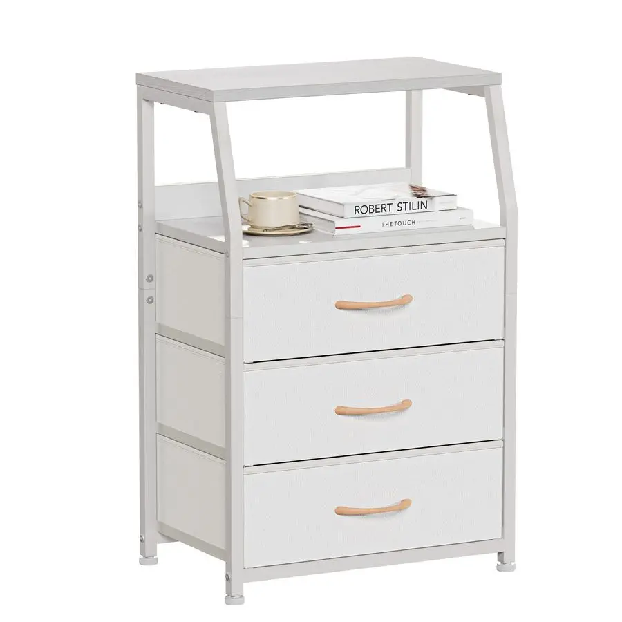 White Nightstand with 3 Drawers and 2Tier Shelf, Small Night Stand End Table Side Furniture, Fabric Storage Organizer for Bedroo
