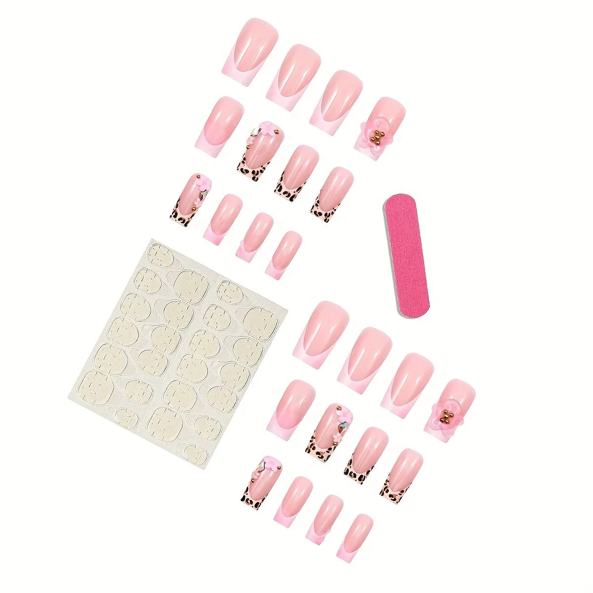 24 قطعة من الأظافر المزيفة المصنوعة يدويًا ثلاثية الأبعاد على شكل قطرة الماء مع طباعة الفهد، تصميم متدرج وردي وزهور - ضغط أنيق وعصري